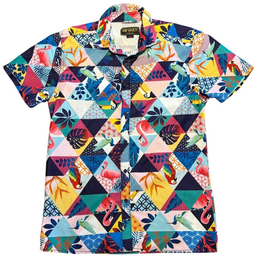 Surf Society Swimwear Shirt with Bold Colors and Tropical Print Mens Large